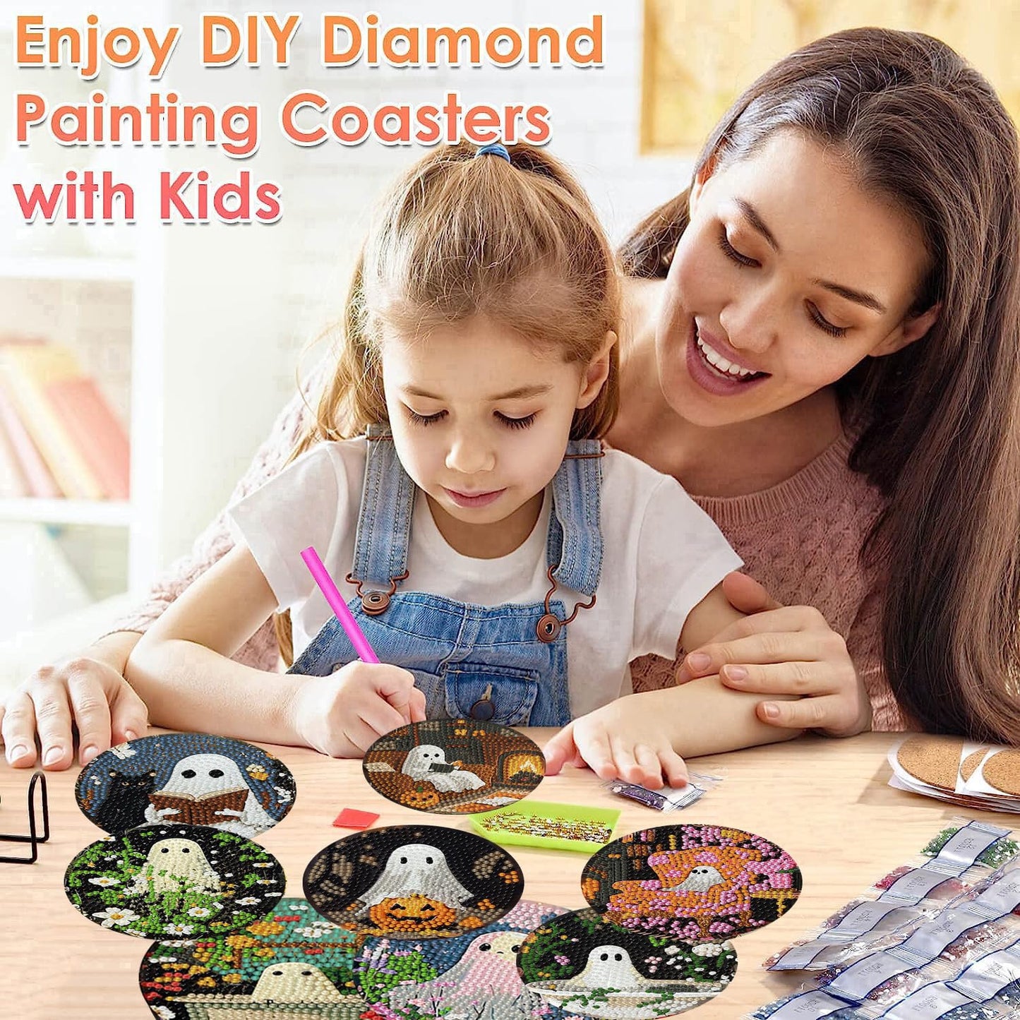 8 Pack Halloween Diamond Art Coasters Kits, Halloween Diamond Painting Coasters Kit with Holder, DIY Ghost Diamonds Art Non Slip Coaster Crafts Kits for Adults Gifts 4x4 inch (Cork Wooden Pad)