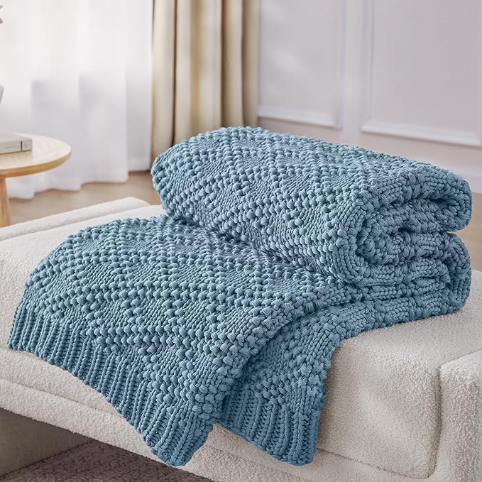 Knitted Weighted Blanket for Adult, Chunky Knit Weighted Throw for Sleep 60"*80" 20lbs, Cooling Breathable Machine Washable Heavy Blanket for Room Decor (HazeBlue, Queen)