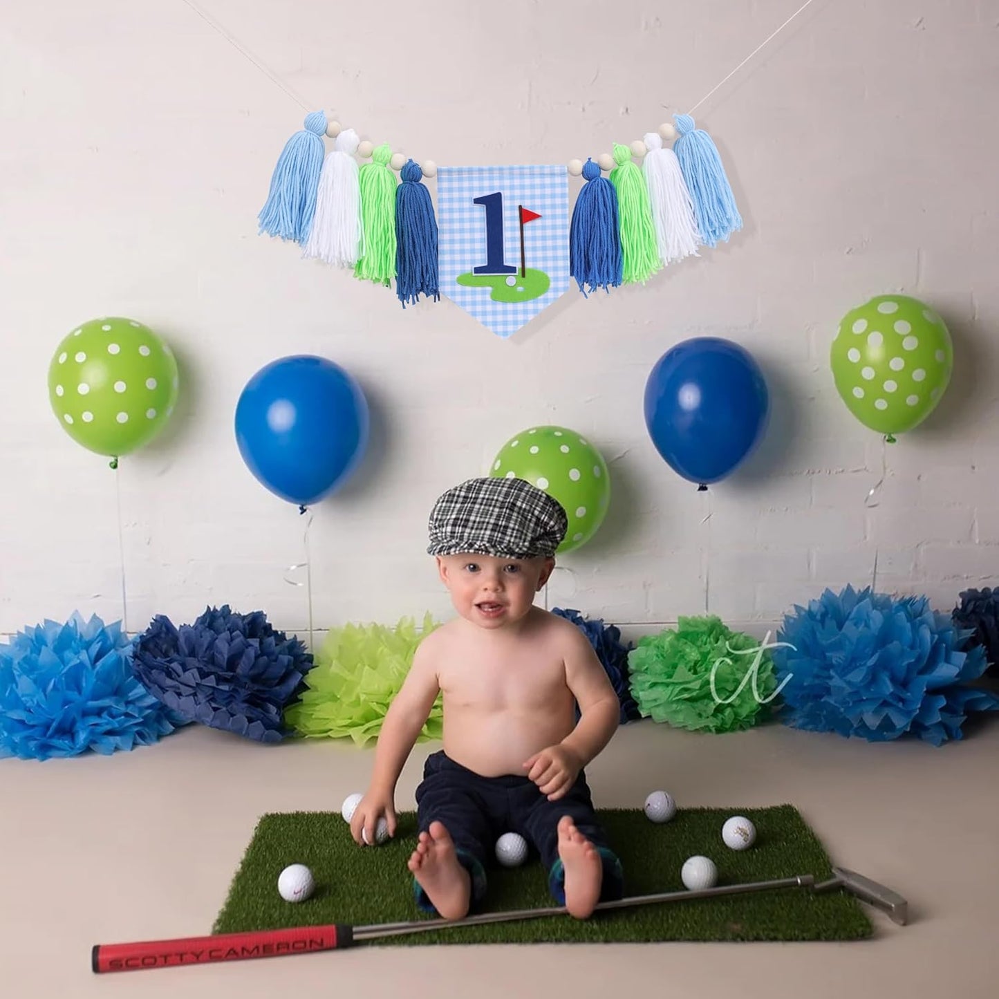 Golf 1st Birthday High Chair Banner - Hole in One Cake Smash Decorations, Golf Yarn Tassel Highchair Banner, Blue and Green Birthday Decor for Boys