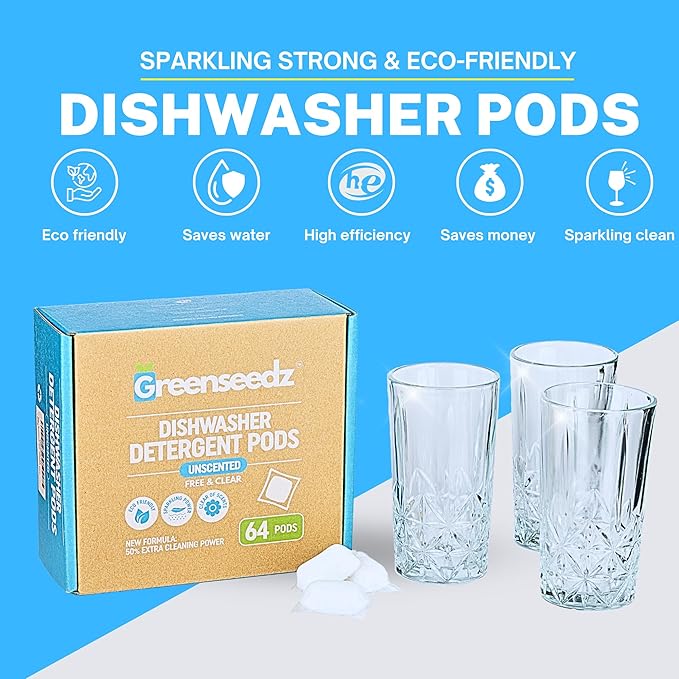 Dishwasher Detergent Pods Free & Clear, Unscented, Eco Friendly, Cuts Grease, 64 Count, Powerful Formula for Sparkling Clean Dishes, Automatic Dishwasher Safe