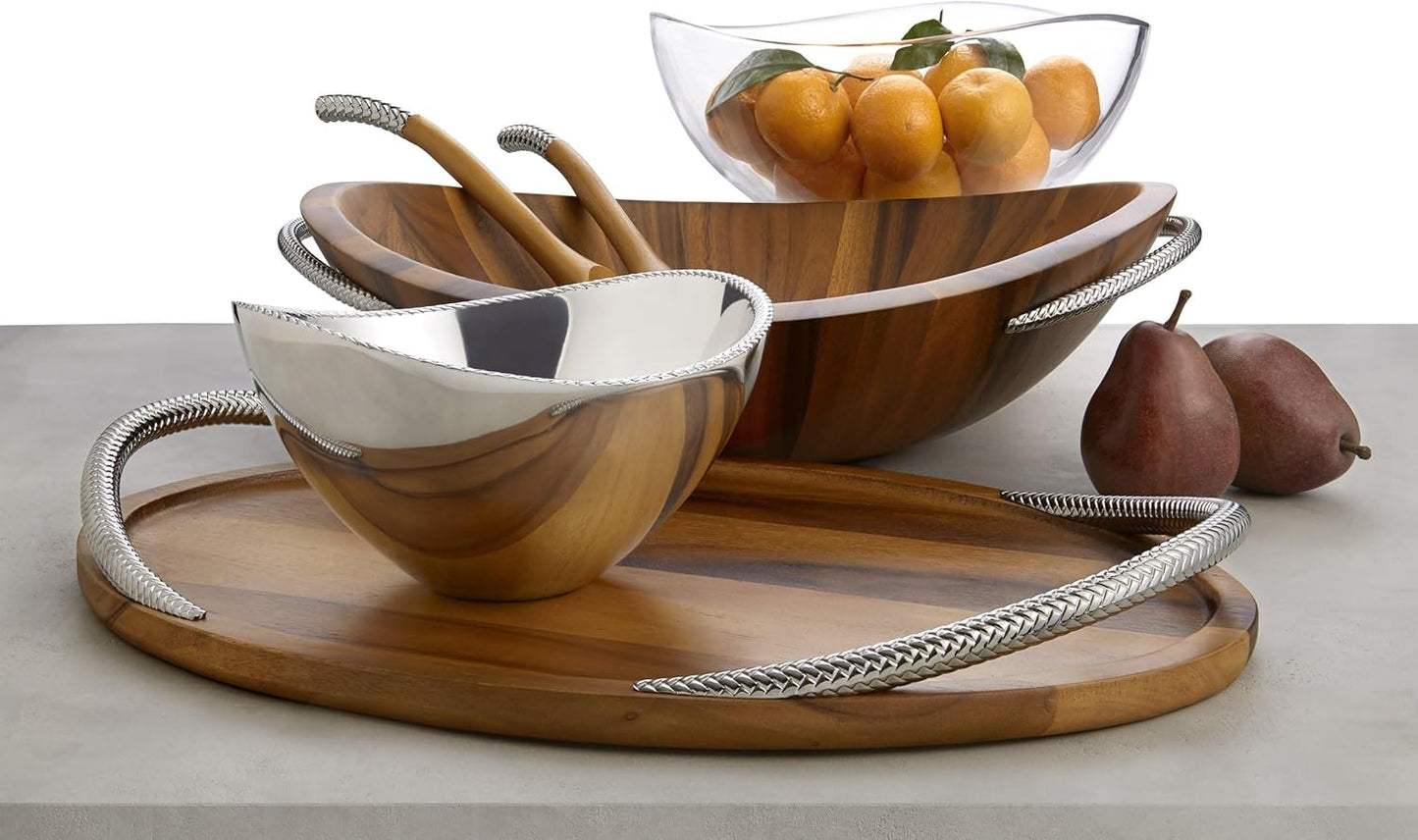 Nambe Braid Salad Bowl with Servers - Acacia Wood Bowl with Chrome Handles - 16" Large Serving Dish with 12” Serving Utensils for Entertaining & Dining, Durable & Stylish - Designed by Sean O’Hara