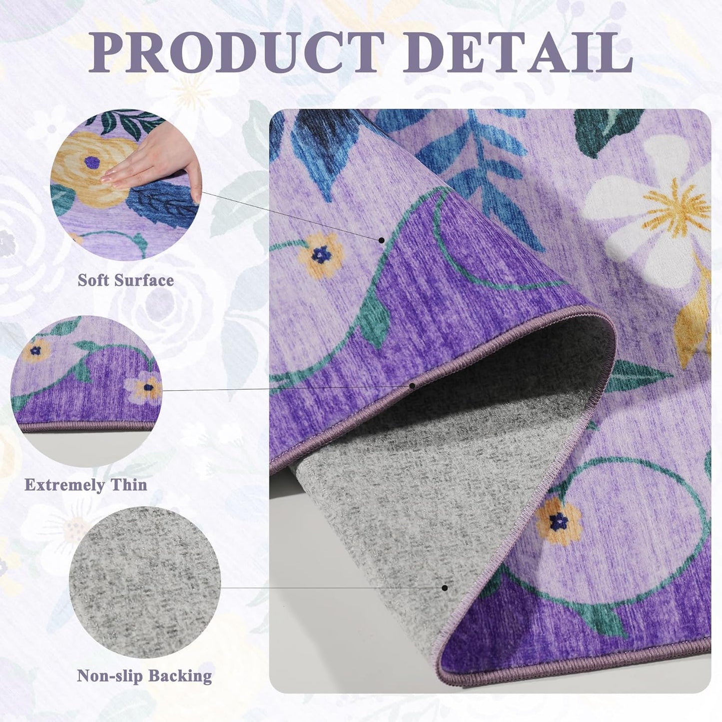 DUKINO 2x6 Runner Rug for Hallway, Washable Kitchen Rug with Non Slip Backing, Low Pile Soft Boho Floral Runner for Kitchen, Hallway, Entryway, Laundry, Bedroom, Purple