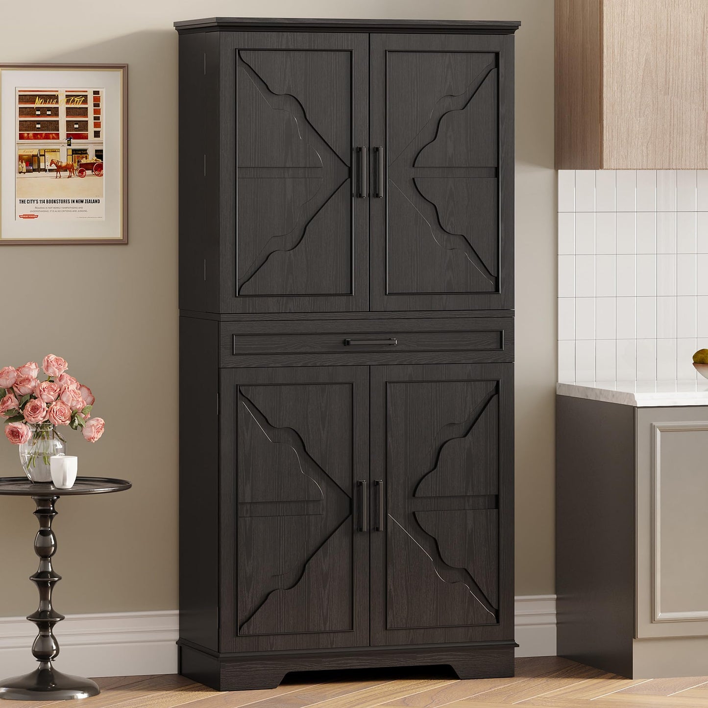 IRONCK Farmhouse Pantry Cabinet, 72" Tall Kitchen Storage Cabinet, Freestanding Cupboard with Sliding Rack & 6 Hanging Shelves,Kitchen Pantry Furniture for Dining Room, Easy Assembly, White