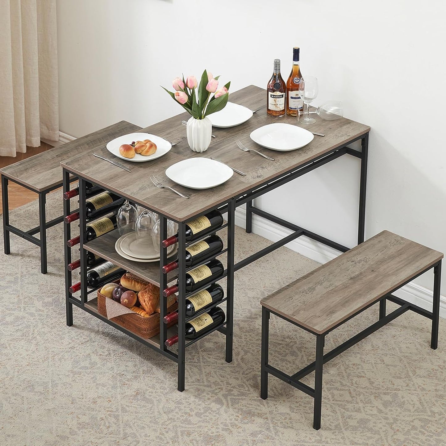 IDEALHOUSE Dining Table Set for 4, Kitchen Table Set for 4 with 2 Benches, Rectangular Dining Room Table Set with Wine Rack, 3 Piece Dining Table Set for Small Space Apartment, Grey