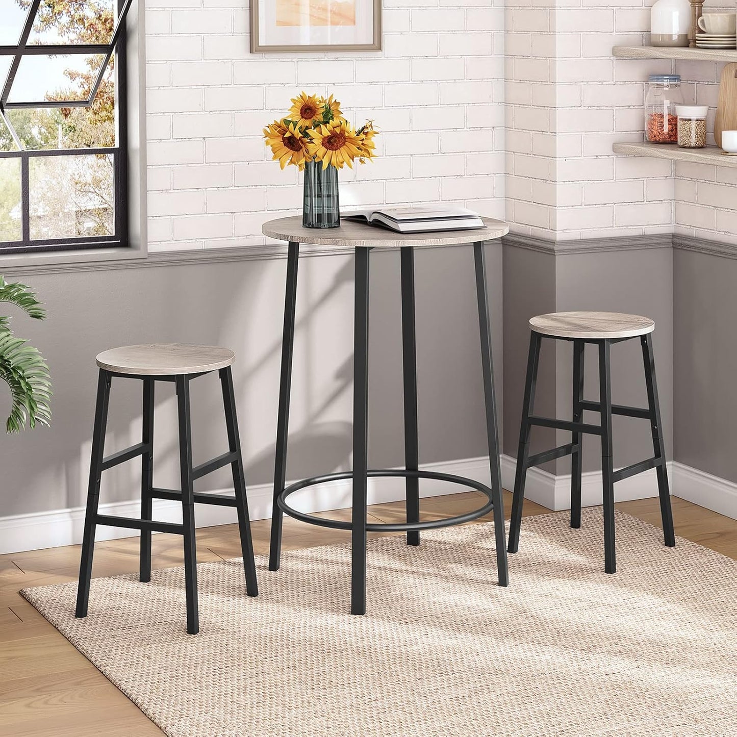 Bar Stools, Set of 2 Round Bar Chairs with Footrest, 24.4 Inch Kitchen Breakfast Bar Chairs, Industrial Bar Stools, Easy Assembly, for Dining Room, Kitchen, Greige BAHG0201Z