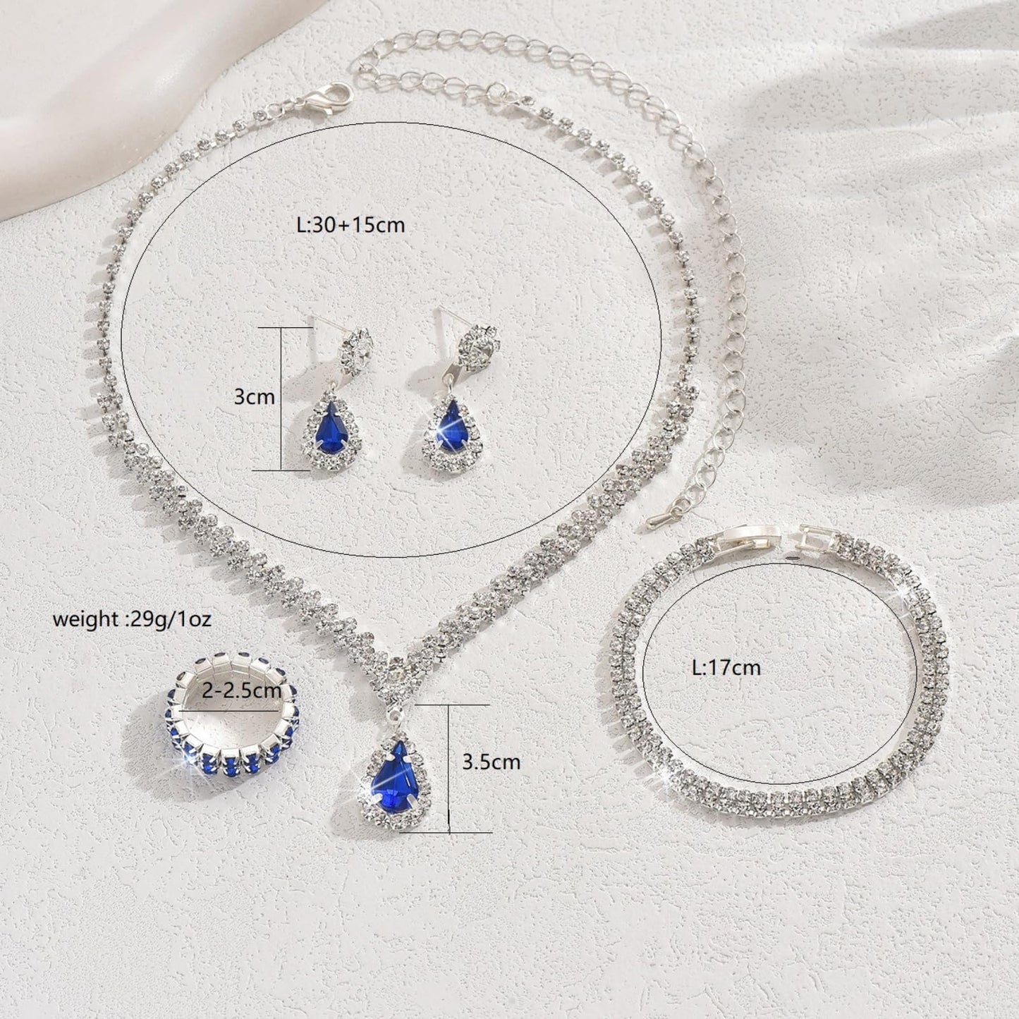 IS4U Rhinestone Water Drop Set for Women Bridal Wedding Vintage Colourful Crystal Zircon Statement Necklace Ring Earrings Bracelet Set Party Dress Ball Fashion Jewellery (Silver)