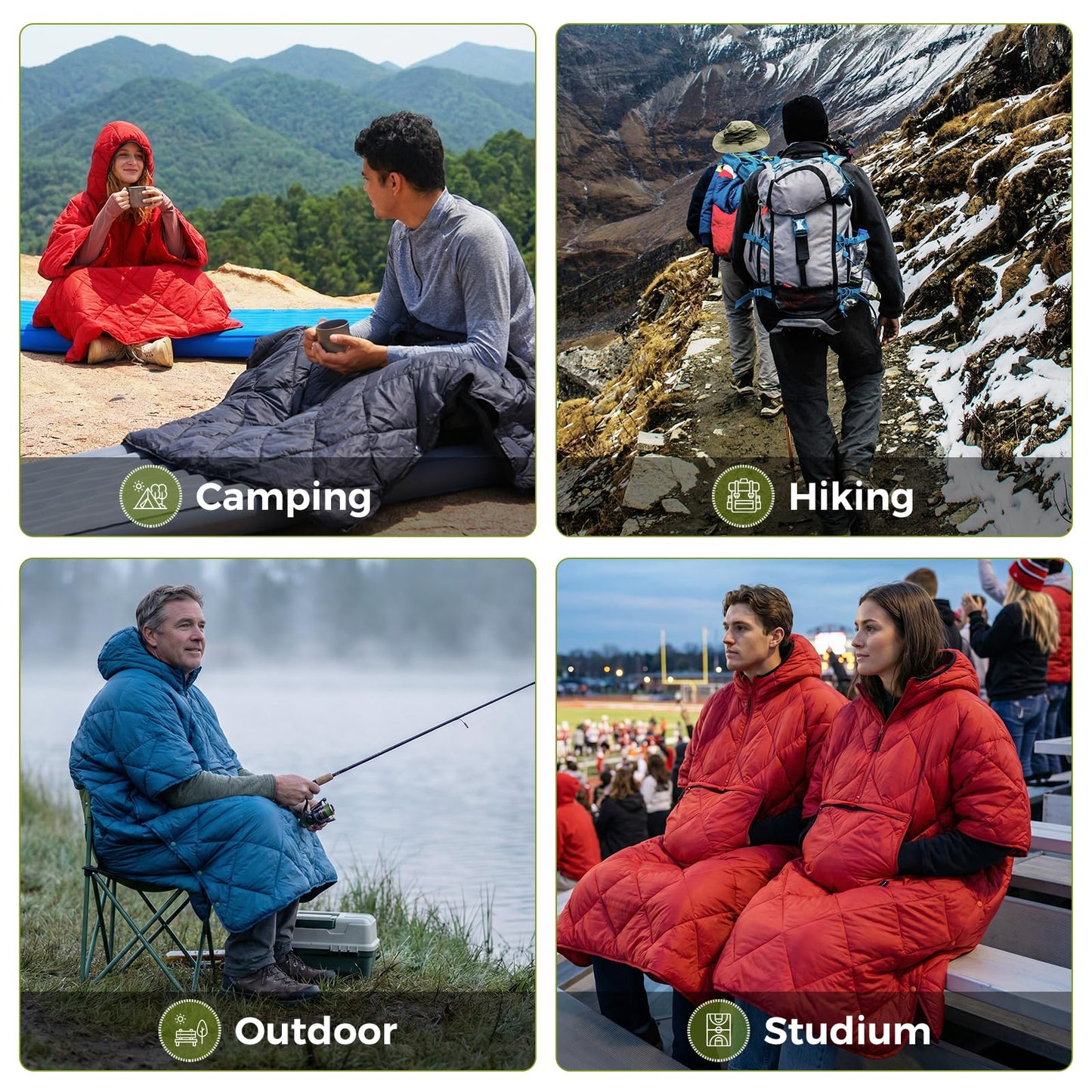 ATEPA Wearable Sleeping Bag, Recycled Insulated Water-Resistant Camping Blanket Poncho, Ultralight Packable Hooded Stadium Blanket for Outdoor Sports Fishing Backpacking Hiking Cold Weather, Blue