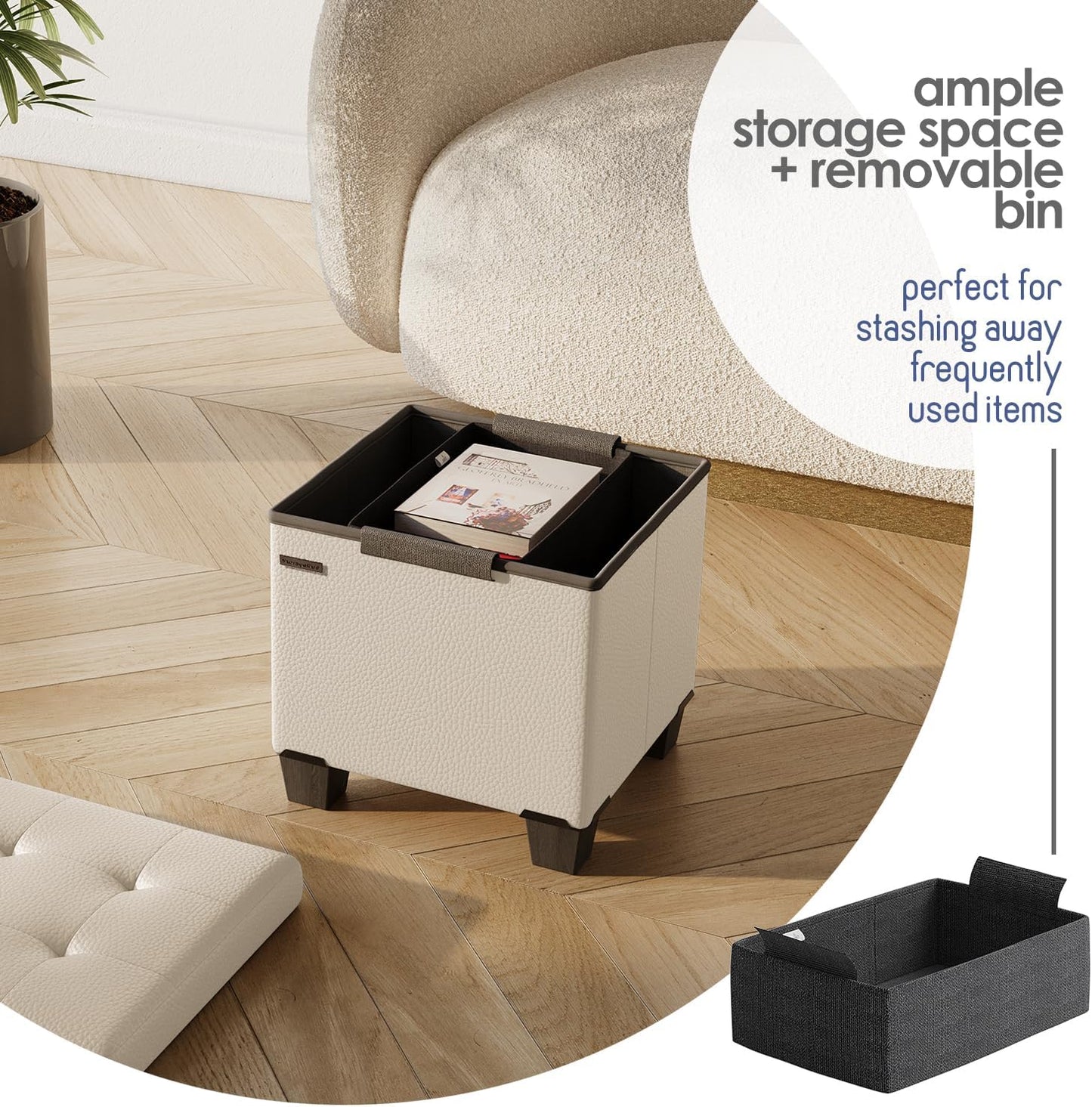 STORAGEBUD Storage Ottoman Cube with Small Bin, 16-in Square Ottoman with Storage for Living Room and Bedroom, Small Ottomans Foot Rest, Faux Leather Foot Stools Ottomans Max 330lbs, Beige