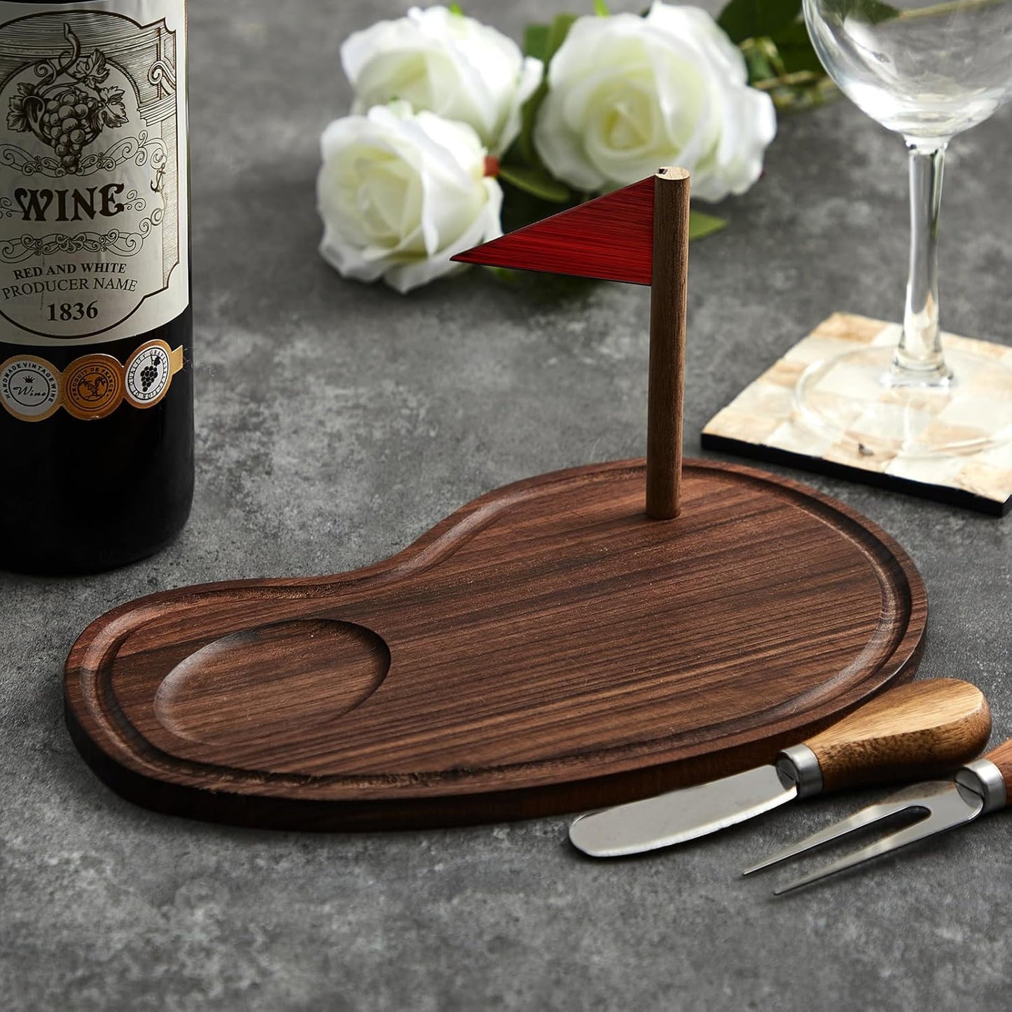 Golf Cheese Board Gift Set Golf Party Favor Prizes Charcuterie Wood Board with Knives and Box Father Day Gift for Dad Grandpa Party Tournament Game(Walnut,15 x 8.3 x 0.47 ")