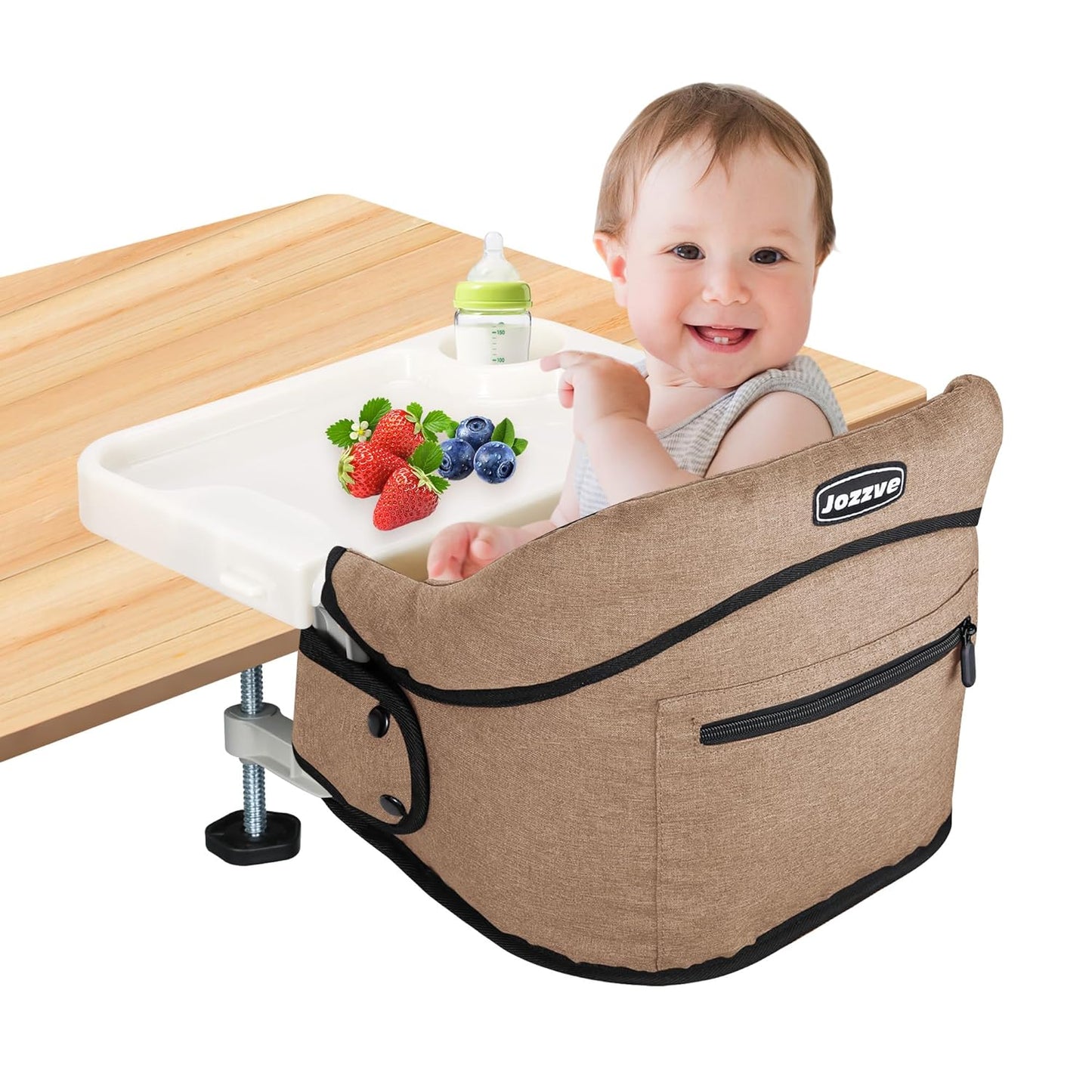 Clip-On High Chair with Removable Dining Tray for Babies and Toddlers, Fold-Flat Storage Portable Baby Feeding Seat, Attach to Fast Table Chair for Home Travel (Brown)
