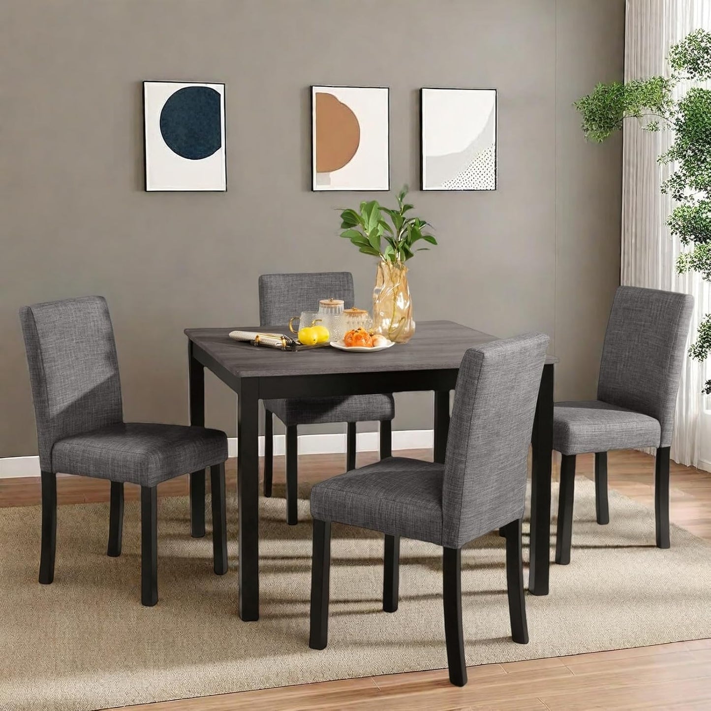 Dining Table Set for 4, 5-Piece Kitchen Table & Chairs Set with Square Wooden Table & 4 Upholstered Chairs, 29.8'' Dinner Set with Solid Wood Legs & Curved Backrest for Kitchen, Light Black