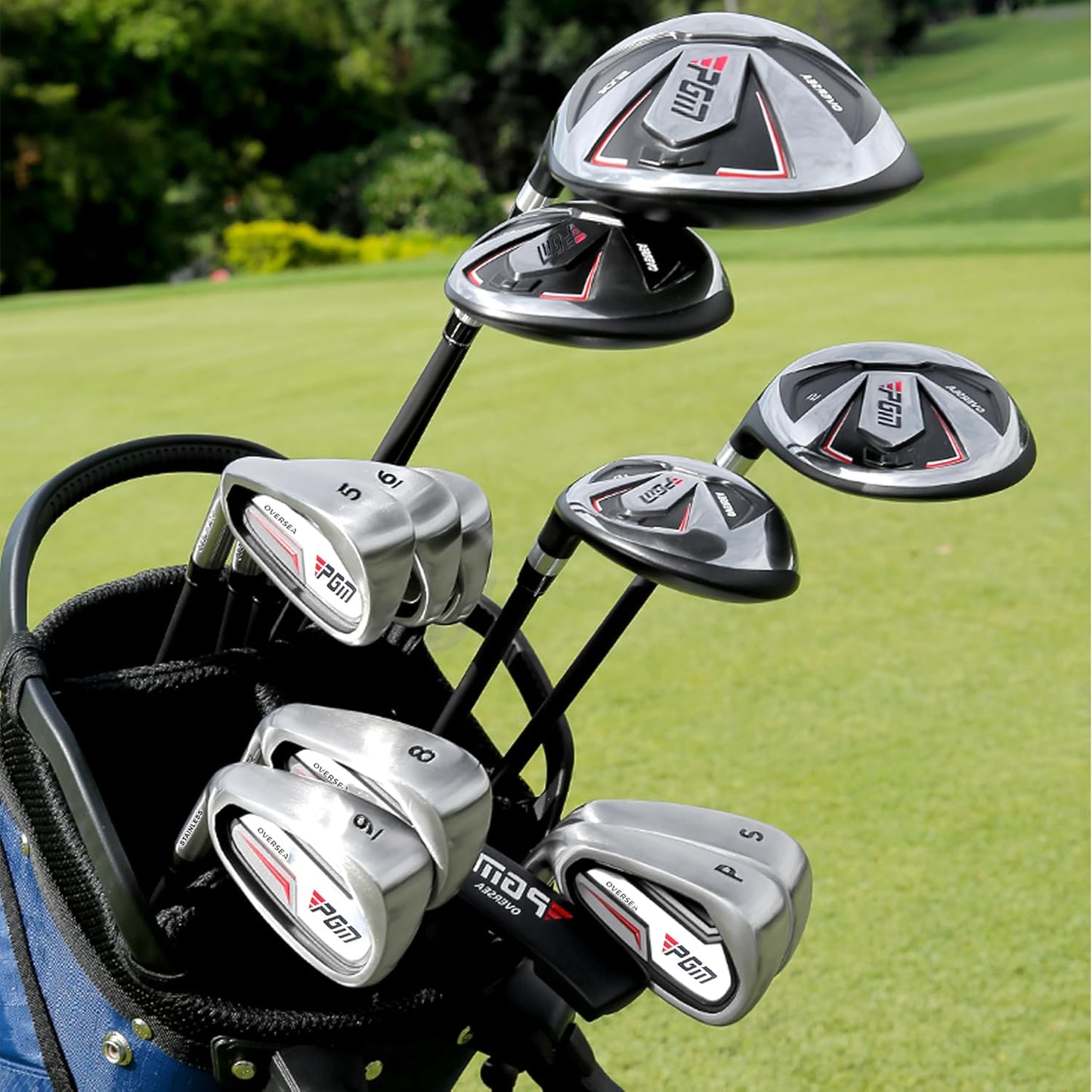 PGM Men's Oversea 9/12 Pieces Complete Golf Club Set with High-Strength Thin Face Design 460cc Driver High Forgiveness Ideal for Beginners