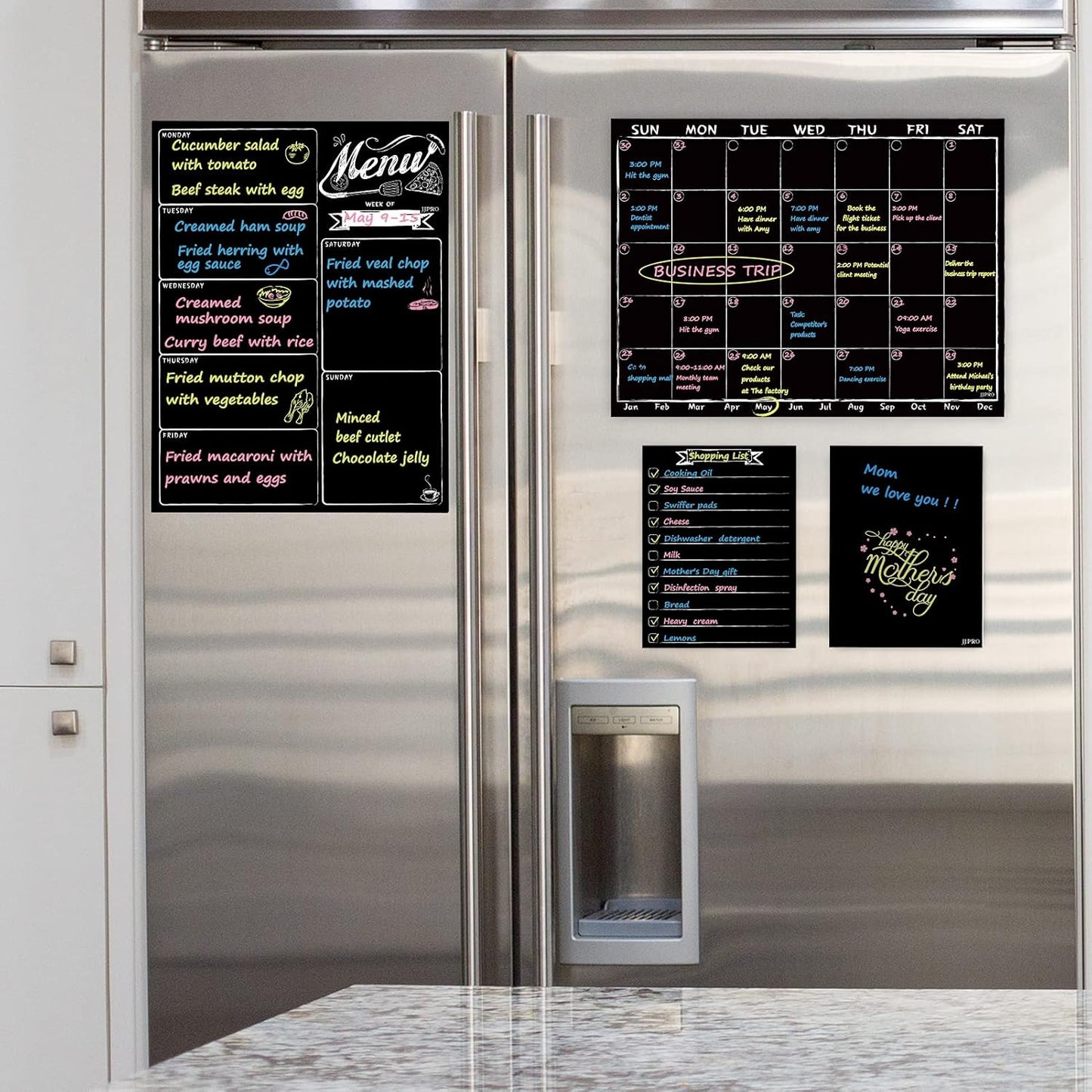 Magnetic Chalkboard Monthly Calendar - Weekly Meal Planning Blackboard Combo Set with Neon Bright Liquid Chalk Markers - Bonus Grocery List and Notepad Blackboard for Refrigerator Included