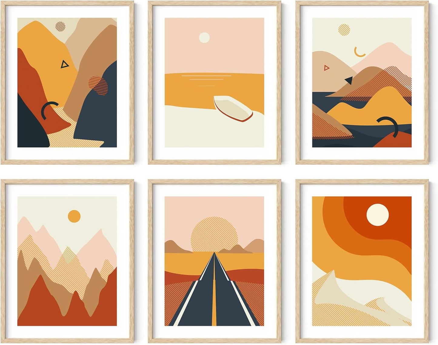 HAUS AND HUES Abstract Minimalist Landscape Wall Art – Set of 6 Modern Mountain Prints, Geometric Nature Posters, Aesthetic Minimalist Wall Decor (Beige Frame, 16x20)