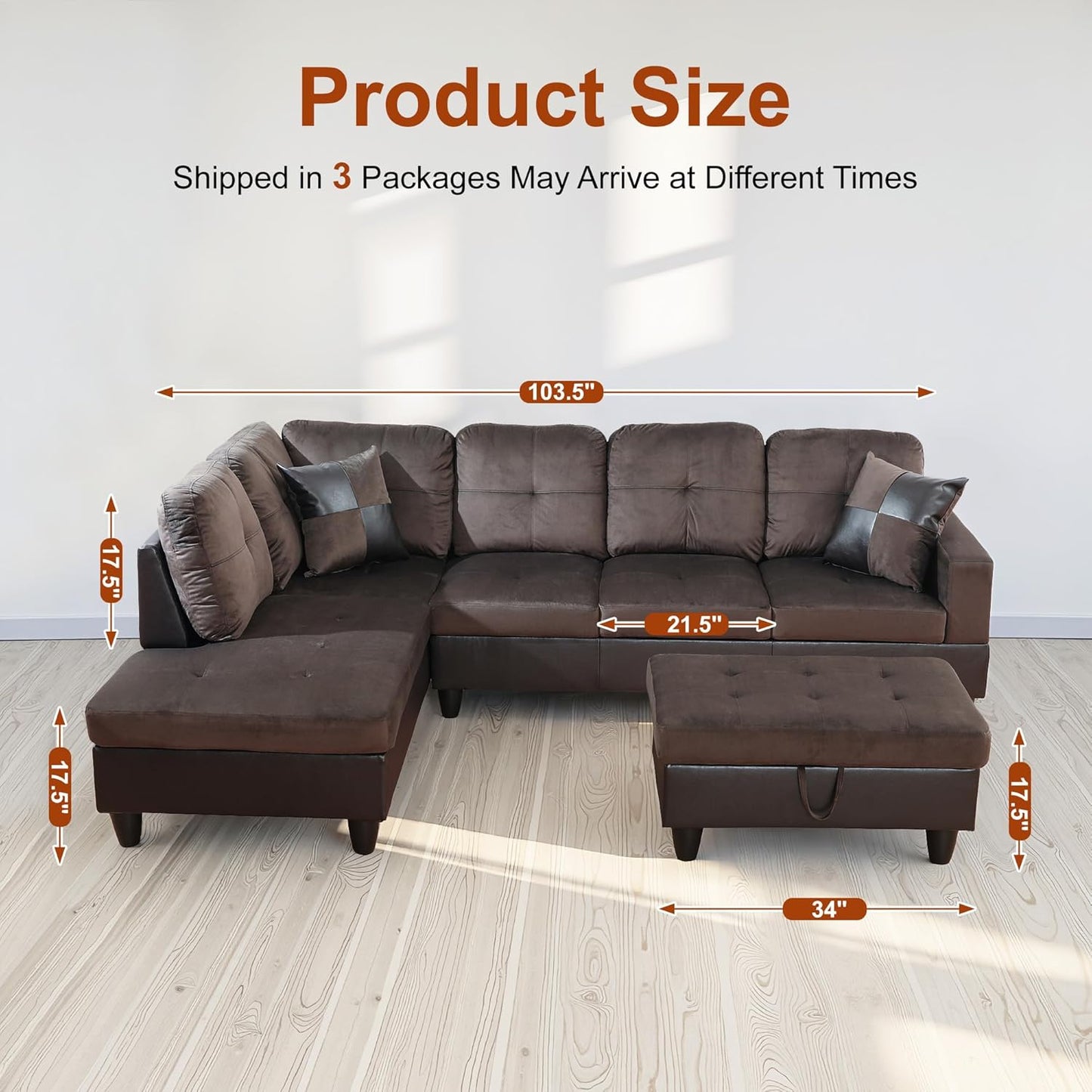 Osparple L Shaped Couch Sectional Couches for Living Room Upholstered Flannel 3 Pieces Modular Sectional Sofa with Chaise, Ottoman with Storage for Living Room and Small Apartment, Deep Brown