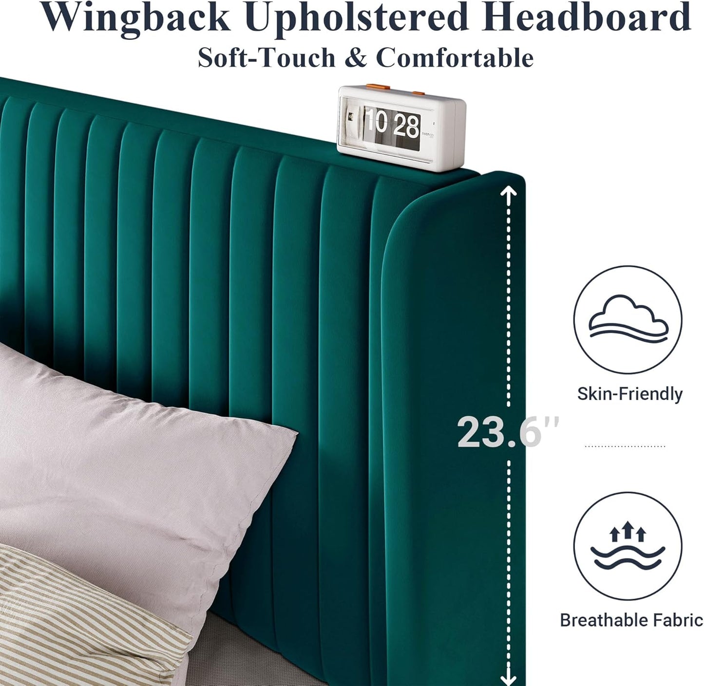 Allewie King Size Bed Frame/Velvet Upholstered Platform Bed/Vertical Channel Tufted Wingback Headboard/Strong Wooden Slats/No Box Spring Needed/Easy Assembly/Teal