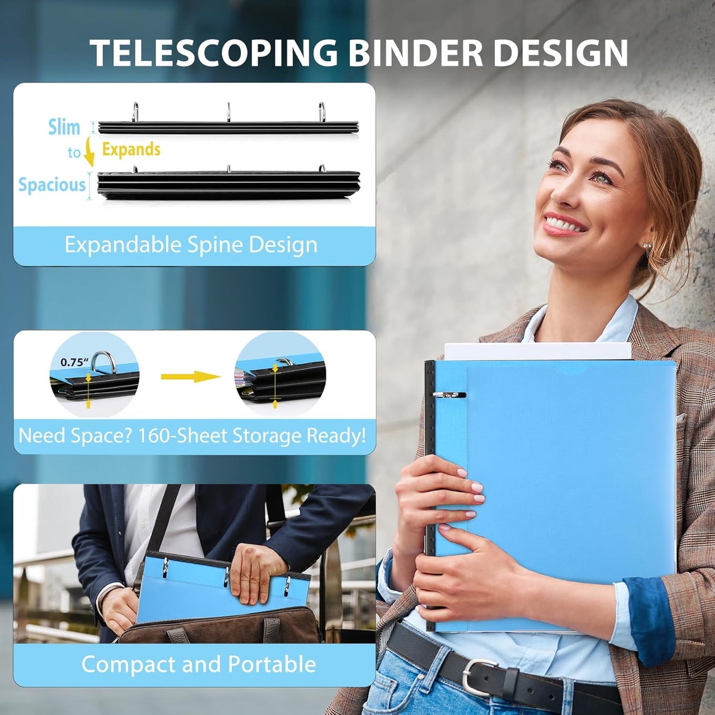 WOT I 12-Pack Telescoping 3 Ring Binder(0.75"), Expandable Flexible Binder - Patented Design for Easy Portability, Holds 160 Sheets, 4 Bright Colors, Perfect for School, Office&Home Organization
