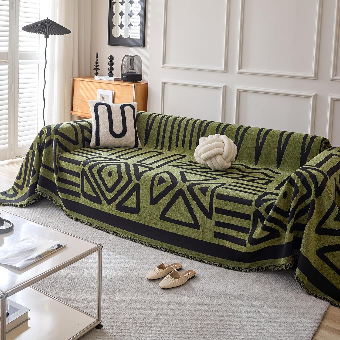 HANDONTIME Boho Geometric Couch Covers for Sofa Pet Friendly Avocado and Black Sofa Covers Washable Chenille Couch Blanket Cover for 3 4 Cushion Couches Pet Protector Furniture Cover Soft, 71" X 134"
