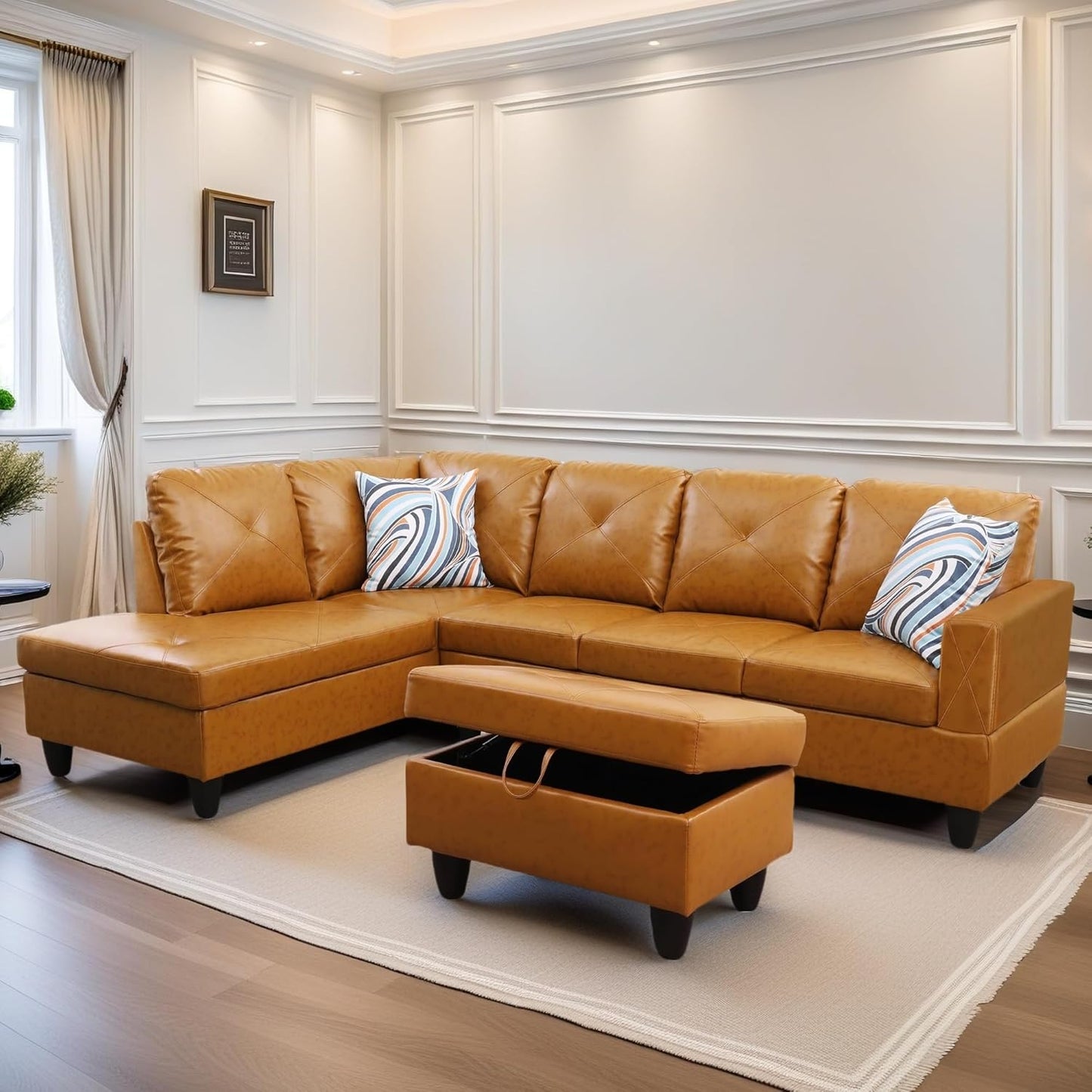 Leather Sectional Couch, Modern L Shaped Couches for Living Room, Comfy 4 Seat Modular Sectional Sofa with Ottoman Storage for Bedroom Apartment, Orange