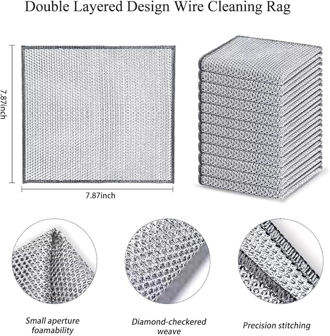 YinQin 10PCS Double Layer Stainless Steel Scrubber Wire Dishwashing Cloth Non Scratch Stainless Steel Mesh Dish Cleaning Cloth 20x20 cm Metallic Wire Cleaning Rag Towel for Kitchen Dish Sink Stove Top