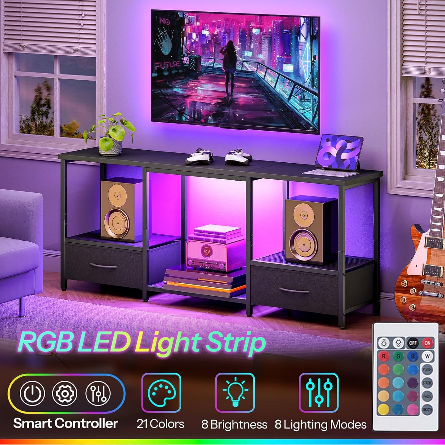 HOOBRO LED TV Stand with Storage, LED Entertainment Center with Open Shelves and Drawer, Fits TVs up to 55", Television Stand for Living Room, Bedroom, Black BB123DDS01