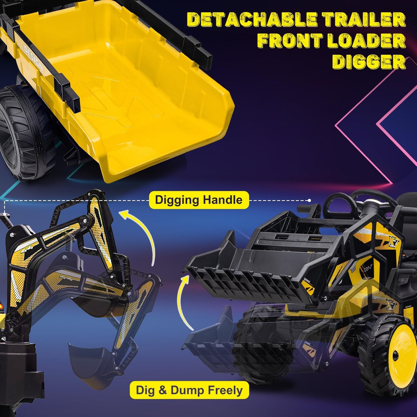 Garvee 4-in-1 Ride on Tractor, 24v Ride on Toys for Big Kids, Remote Control Excavator with Trailer, Shovel Bucket, Digger, Remote Control, EVA Tires, LED Light, Music, USB, Yellow