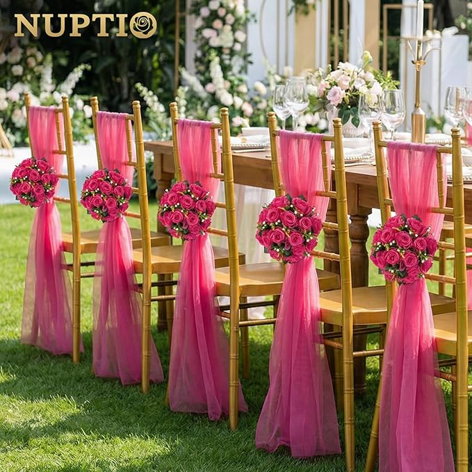 NUPTIO Flower Ball for Table Centerpieces: 6 Pcs Hot Pink Artificial Rose Kissing Balls for Wedding Party Valentine Tables - Faux Silk Floral Arrangements for Home Dining Event Decorations