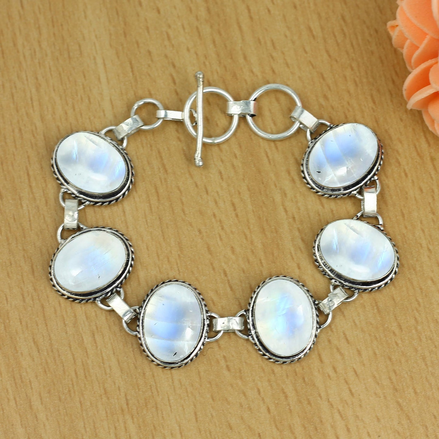 Natural Moonstone Silver Plated Handmade Link Bracelet for Women - White Stone Oval Shape Gemstones June Birthstone Adjustable Bracelet - Wedding Gifts for Her