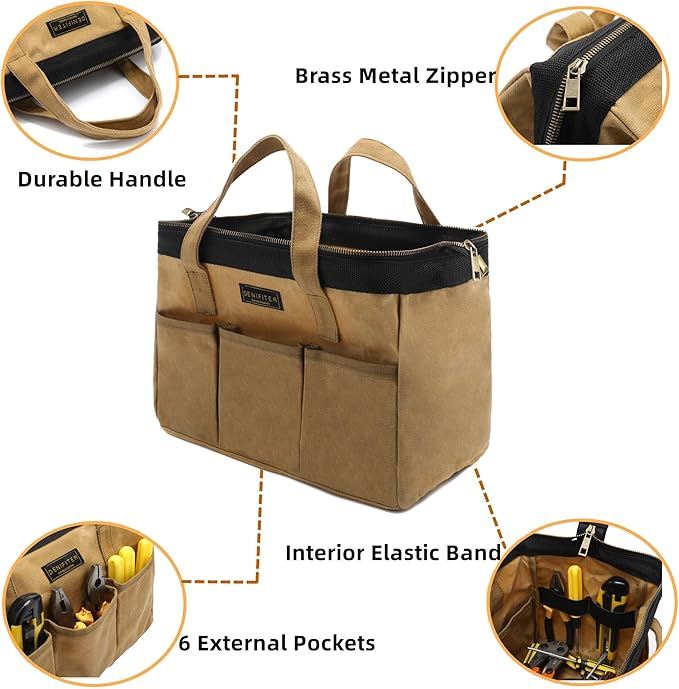 Tool Bag, 13-inch Heavy Duty Wide Mouth Water-Resistant Waxed Canvas Zipper Bag, Tool Tote with Handle for Tools, Wrenches, Screwdrivers (13 X 7.8 X 9 inch) | Khaki