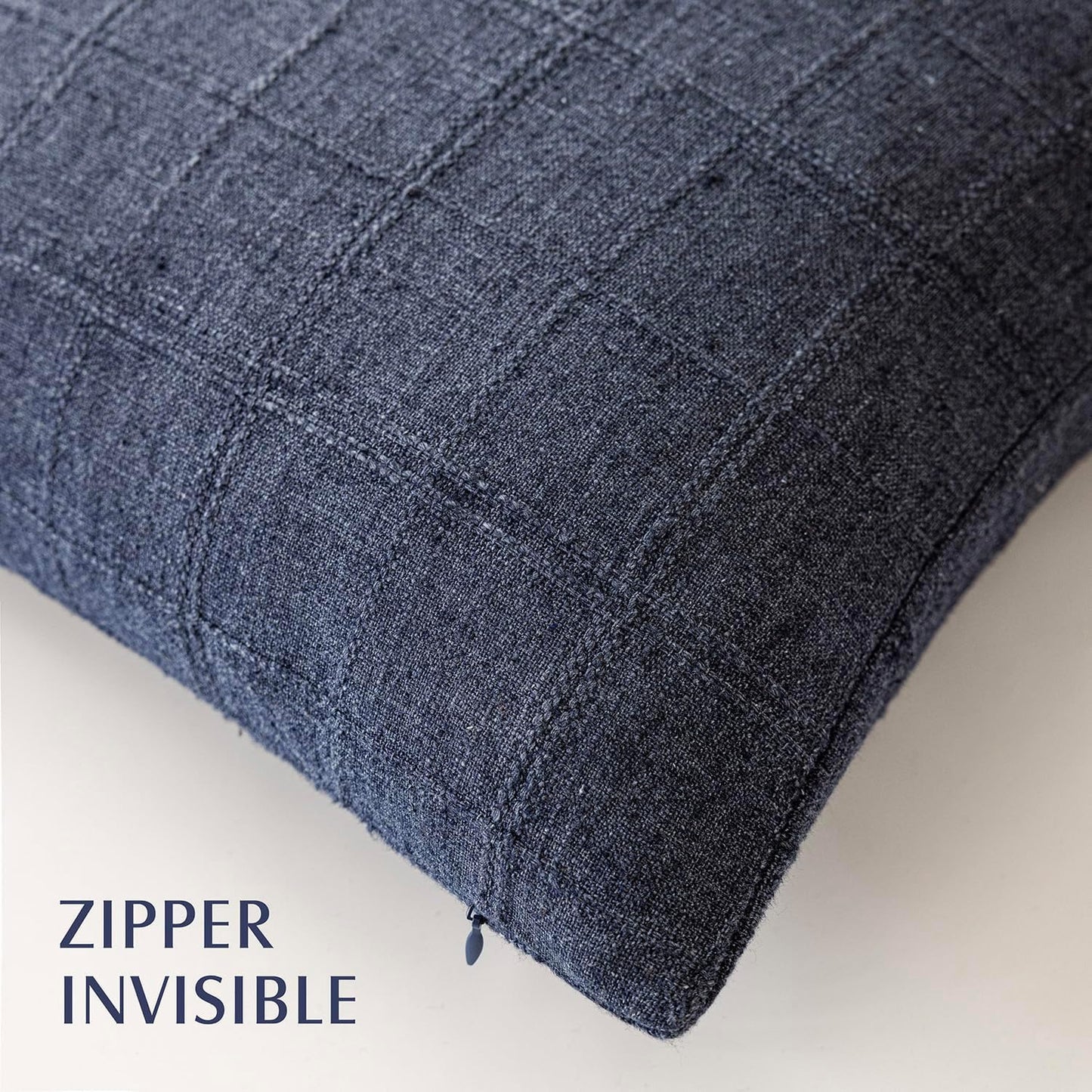 Foindtower Set of 2 Decorative Linen Check Throw Pillow Covers Neutral Farmhouse Vintage Cushion Covers Modern Boho Home Decor for Sofa Chair Couch Bedroom Living Room Outdoor,16×16 Inch,Navy Blue