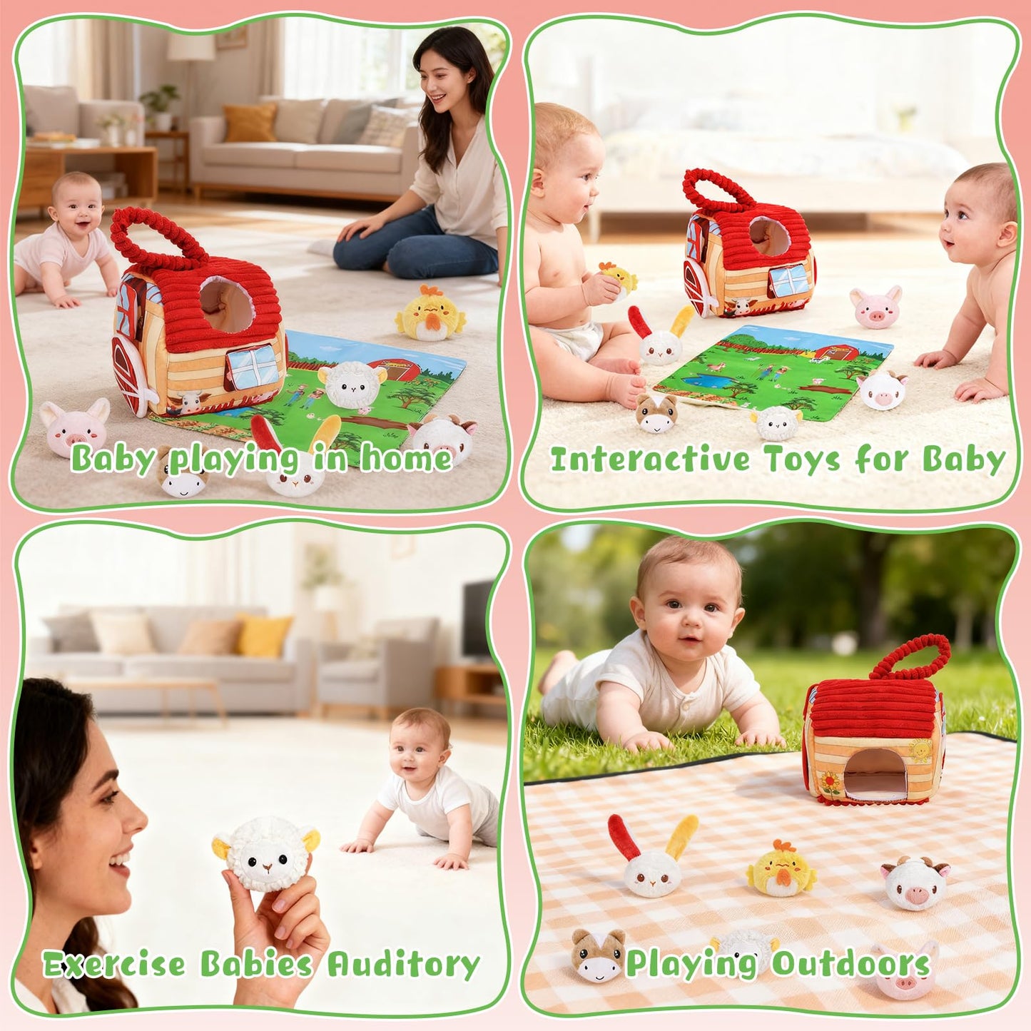 kenvc Baby Toys for 6-12 Months, Barn Stuffed Farm Animals with Sounds & Ring, Plush Animals Toys Have Mirror Montessori Educational Toys Sensory for Developmental for Infants & Toddler Toy Gift