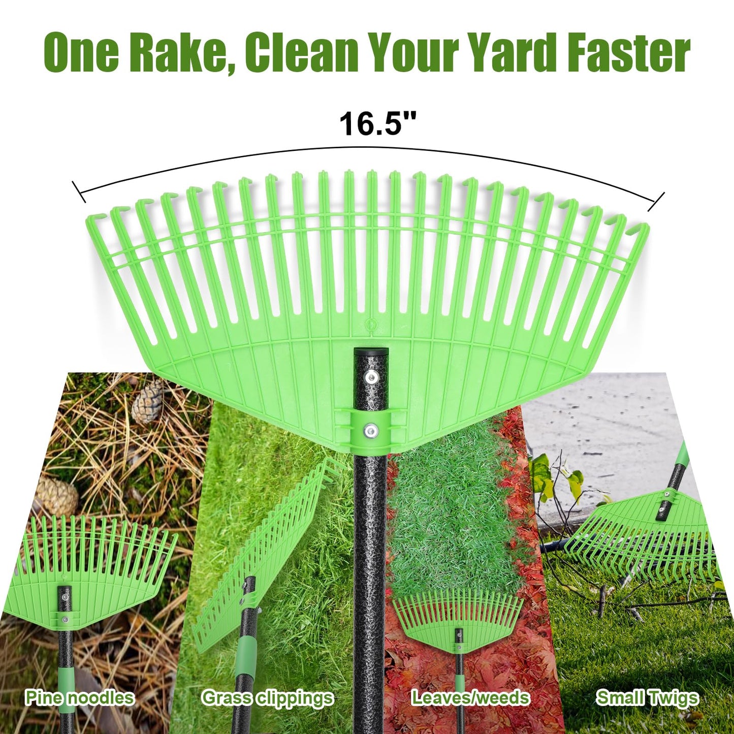 Plastic Leaf Rake with Adjustable 65'' Handle - Lightweight Outdoor Yard Rakes for Leaves,Grass & Pine Needle,Mulch,Gentle On Lawn Garden - Easy to Use for Women,Seniors & Kids