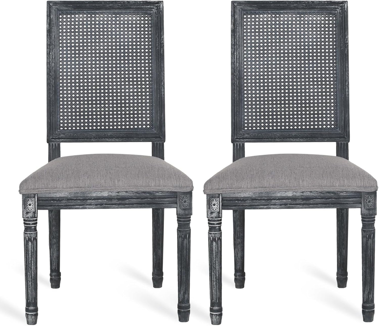 Merax Upholstered Solid Wood Dining Chairs Set of 2, French Country Style Accent Side Seating Furniture for Kitchen, Living Room, Wicker Back, Grey
