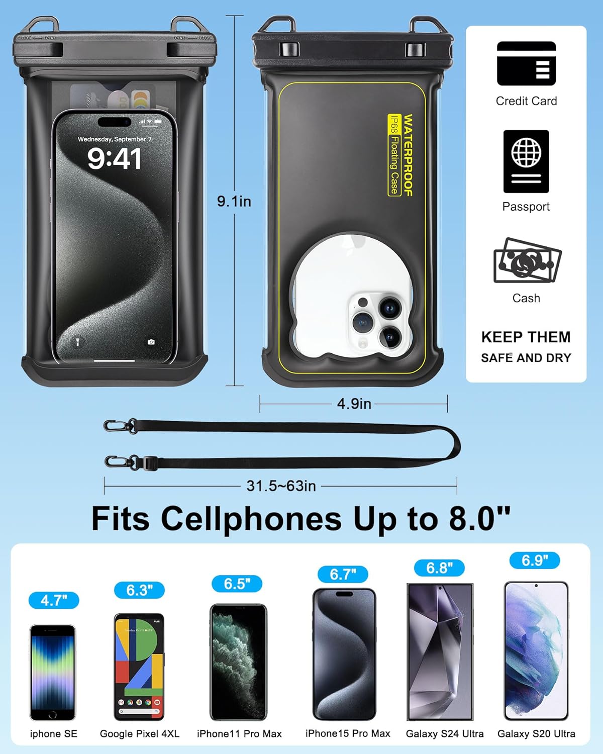 Waterproof Phone Pouch Floating- [3D Clear Soft Edges ] IP68 Waterproof Phone Case - iPhone 16/15/14/13 Pro Max Samsung 24/23/22 Ultra Google Up 7.5" - Detachable Lanyard - Front Clear + Back Bear