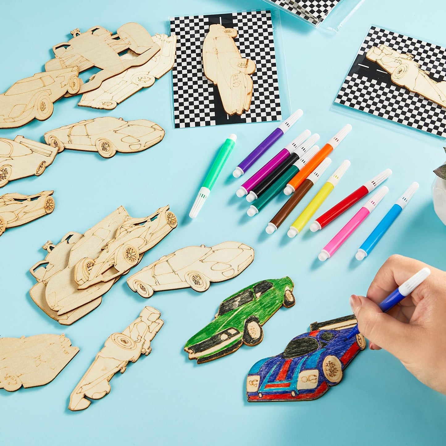 gisgfim 16 Sets Race Car Wooden Painting Kit Race Car Party Favors Wood Painting Crafts Bulk Racing Cards Creative Art Craft Set Thank You for Coming Gifts for Kids Boys Girls Birthday Party Supplies