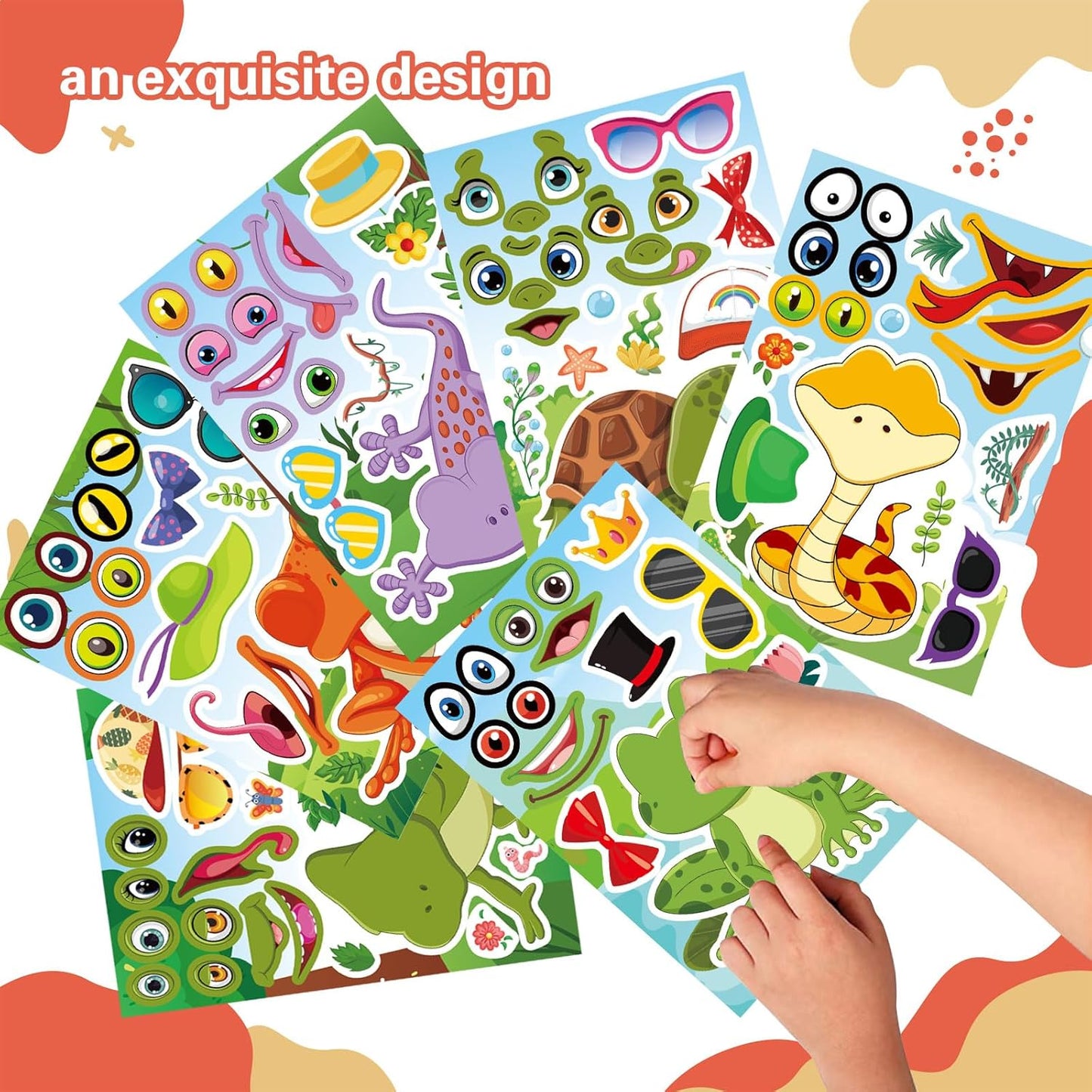 36 PCS Make a face Sticker for Kids Toddlers, Make Your Own Reptile Animal Mix and Match Sticker with Snakes, Lizards, Frogs, Turtles, Kids Party Favor Craft Supplies