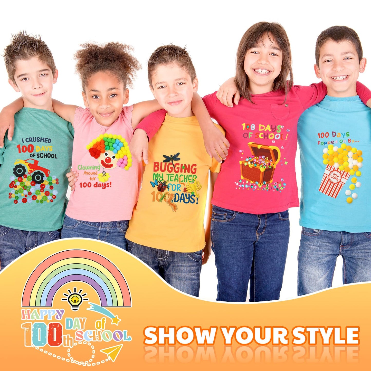 Glenmal 6 Sets DIY 100th Day of School Iron on Decals, Craft Kit with Patches Pompoms Buttons Gem Stickers Realistic Insects Popcorn Clown Heat Transfer Stickers for School Party DIY Clothing Bag