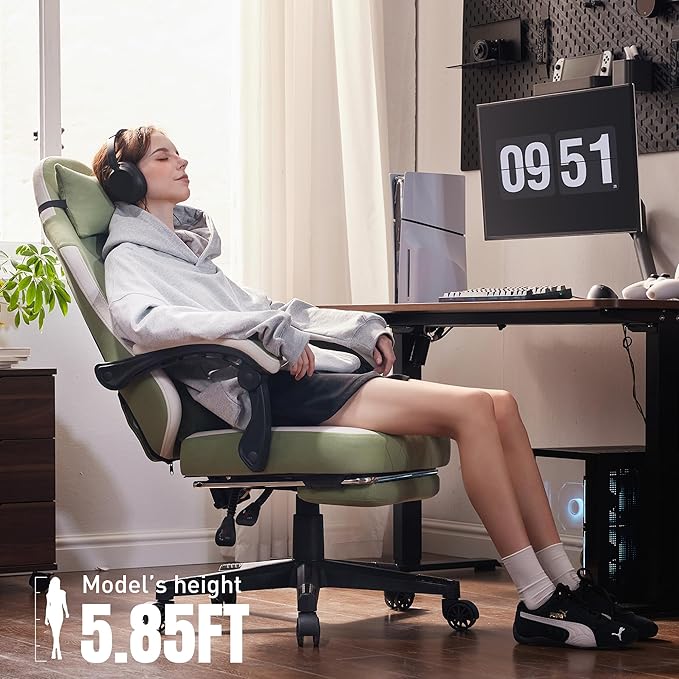 Dowinx Fabric Gaming Chair, Computer Office Chair with Pocket Spring Cushions and Lumbar Support, Ergonomic Massage Gaming Chairs with Footrest for Big and Tall, Green