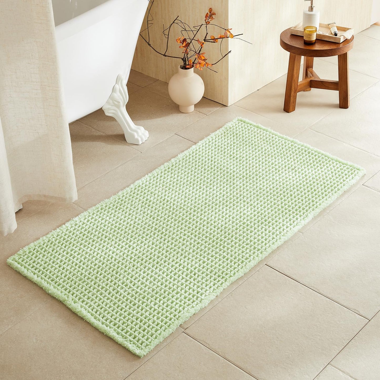 Waffle Bath Mat, Boho Bathroom Rugs Non Slip Washable Super Absorbent Quick Dry Cute Bath Mat Farmhouse Bathroom Decor, 48"x24" Pale Green