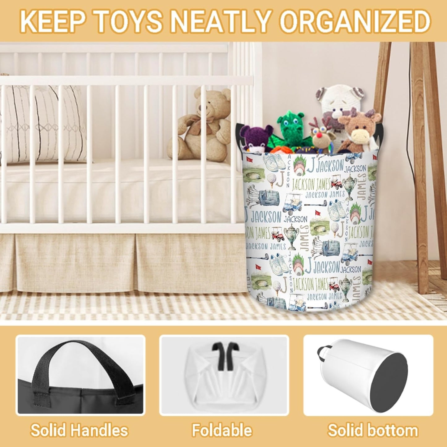 Personalized Golf Laundry Basket, Custom Sports Laundry Hamper With Name Gifts For Kids Baby Adults, Collapsible Dirty Clothes Storage Organizer With Handles M 19.6 X 15.7in