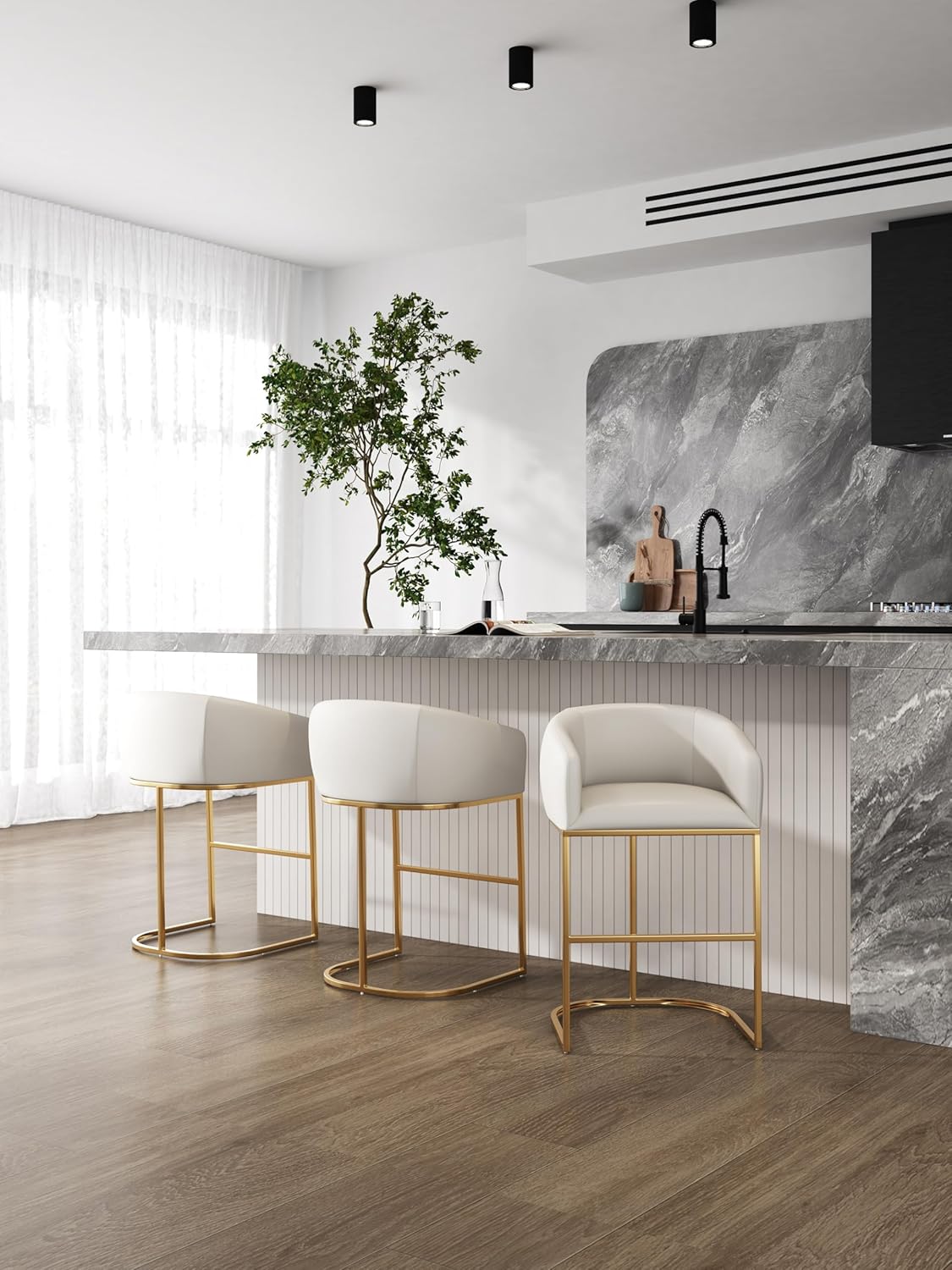 Manhattan Comfort Louvre 30 Inch Mid Century Modern Counter Height Bar Stools - Elegant Faux Leather Padded Seat, Stainless Steel Base with Footrest, Fully Assembled Barstools, Set of 2, Cream