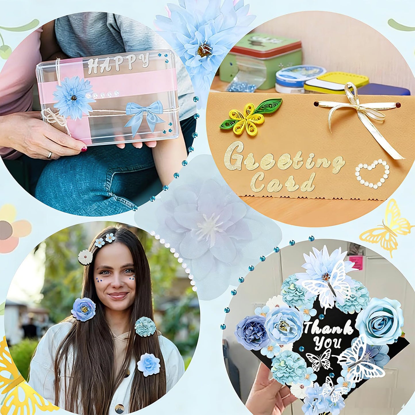 69 Pcs Graduation Cap Decorations Kits, Grad Cap Topper Decorations Included Faux Flowers 3D Butterfly Bow Rhinestones Alphabet Letter Stickers for Graduation Cap Topper DIY Craft Art Decor (Blue)
