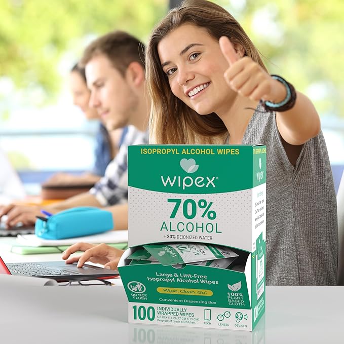 Wipex 70% Isopropyl Alcohol Wipes - Individually Wrapped Sachets, Electronic & Tech Wipes in Dispensing Box, 100 Count (Pack of 1)