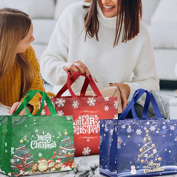 24PCS Christmas Tote Treat Non-Woven Gift Bags with Handles for Gifts Wrapping Shopping, Xmas Party Supplies, 12.8 * 9.8 * 6.7inch