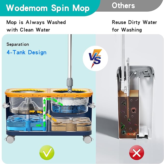 2025 Upgraded Gen 1 Mop and Bucket with 360° Swivel Wheels for Easy Rolling, Clean & Dirty Water Separation, Hands-Free Wringer, 6 Microfiber Mop Heads for Wood, Tile, and Floor Cleaning – Blue/Yellow