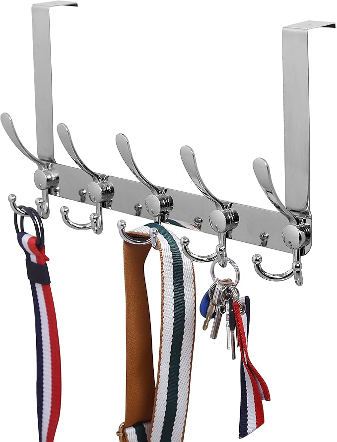 WEBI Over The Door Hook Door Hanger Hook Rack with 5 Tri Hooks for Hanging Coats, Over Door Towel Rack Door Coat Towel Hanger Over Door Coat Rack,Silver,2 Packs