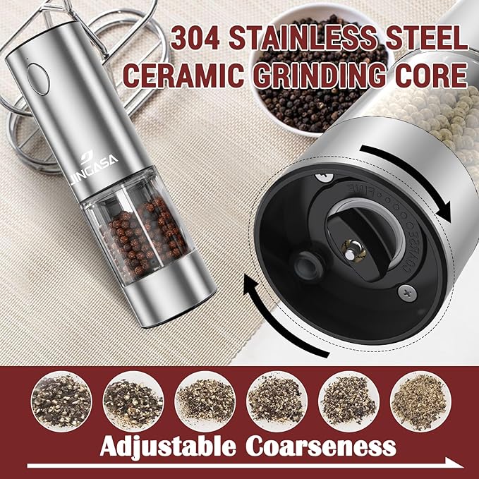 [Upgraded Larger Capacity] Electric Salt and Pepper Grinder Set with USB Charging Base, 95ml Large Capacity, Adjustable Coarseness,Stainless Steel Automatic Pepper Mill (Upgraded Capacity-Gift box)
