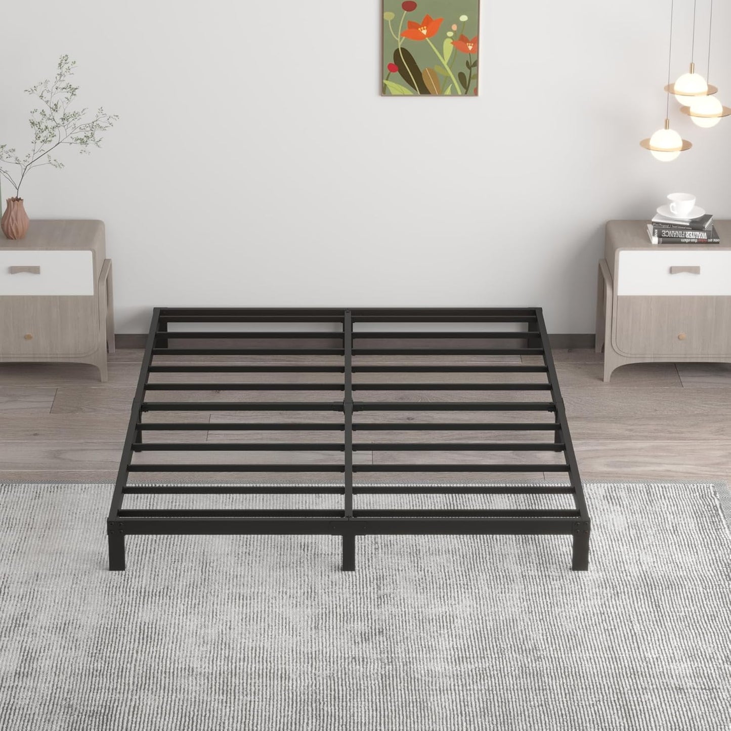7 Inch Queen Bed Frame No Box Spring Need, Low Profile Metal Platform Bed Frame Queen Size, Heavy Duty Support Bedframes, Easy Assembly