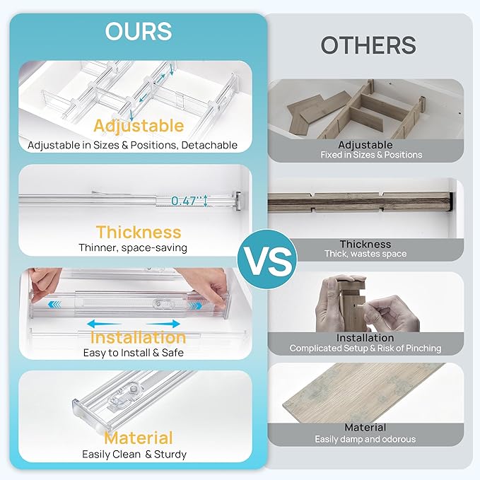 Vtopmart 2.36” Drawer Dividers with Expandable Inserts, 12.8"-22.3" Adjustable Kitchen Drawer Organizer, Clear Plastic Organizer Separator for Flatware, Utensil, Cutlery, 8 Dividers with 14 Inserts