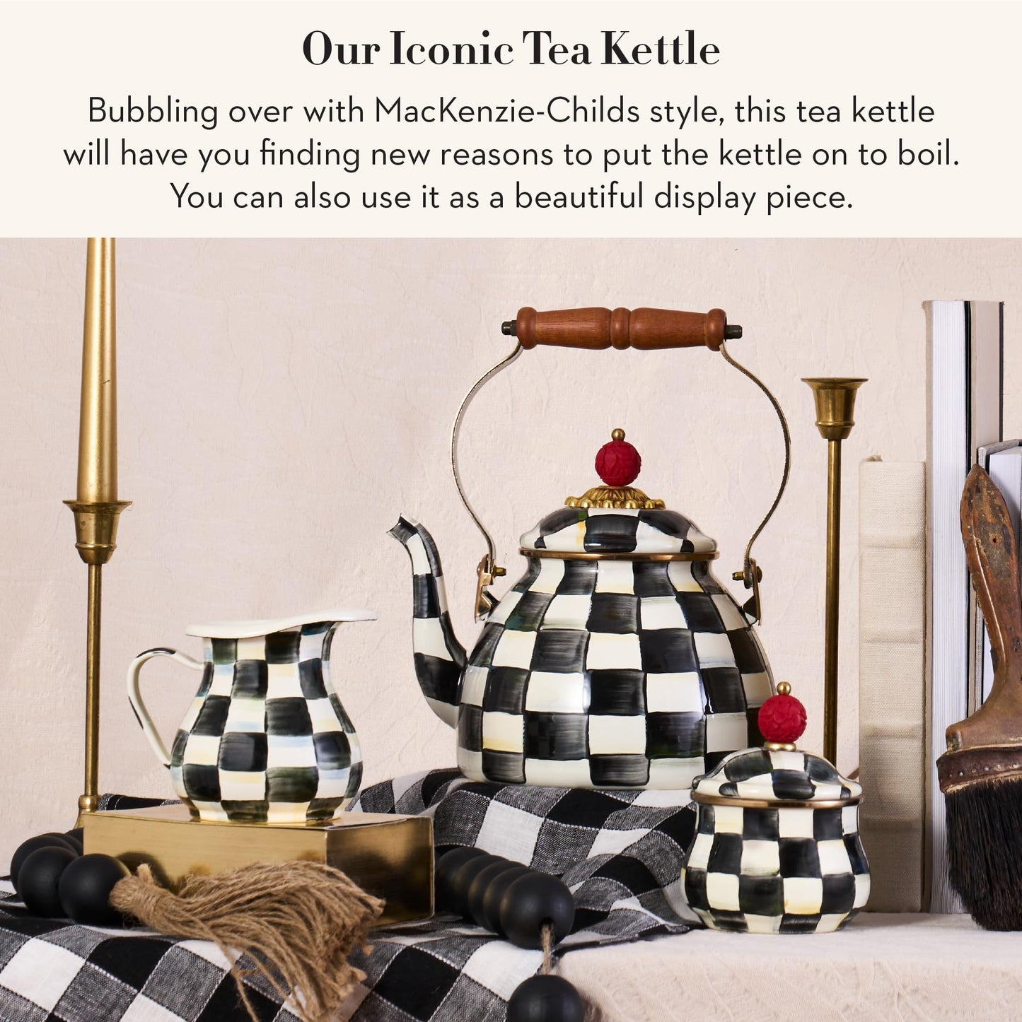 MACKENZIE-CHILDS Enamel Tea Kettle, Stylish Tea Kettle for Stovetop, Black-and-White Courtly Check, 2 Quarts